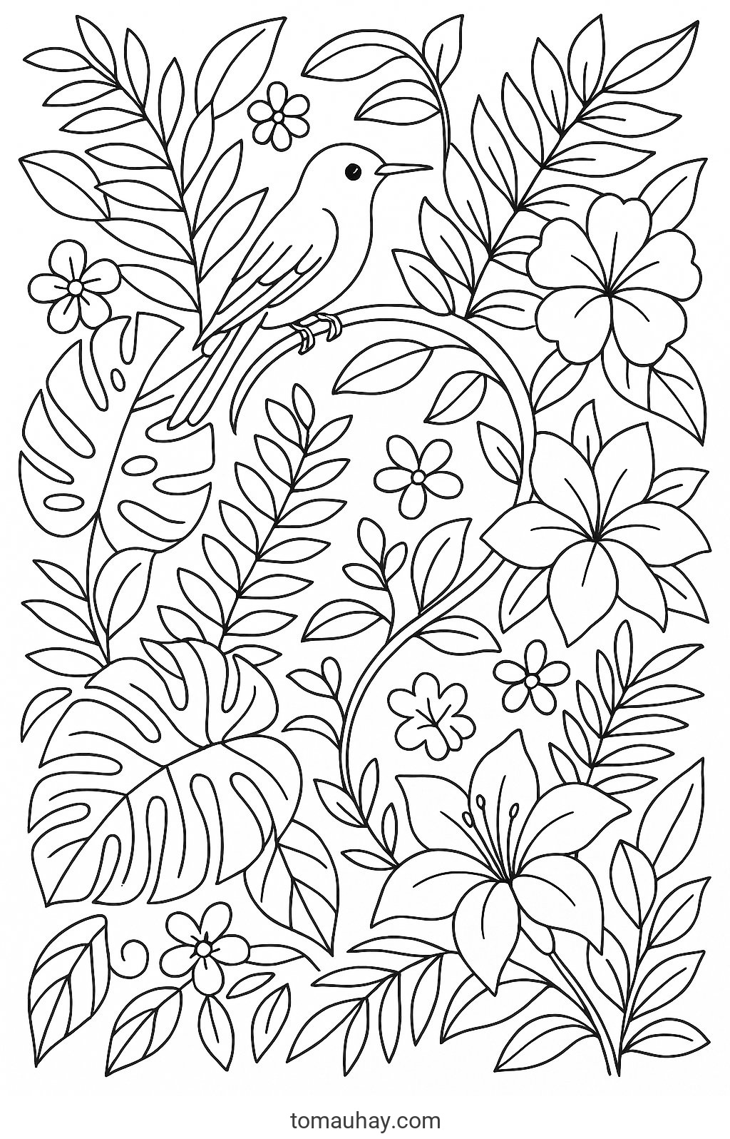 Tranh tô màu nhiều chi tiết cho bé 2026 | Tải PDF miễn phí - Hoa lá rừng nhiệt đới
