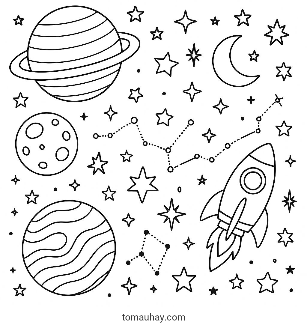 Tranh tô màu nhiều chi tiết cho bé 2026 | Tải PDF miễn phí - Thiên văn vũ trụ