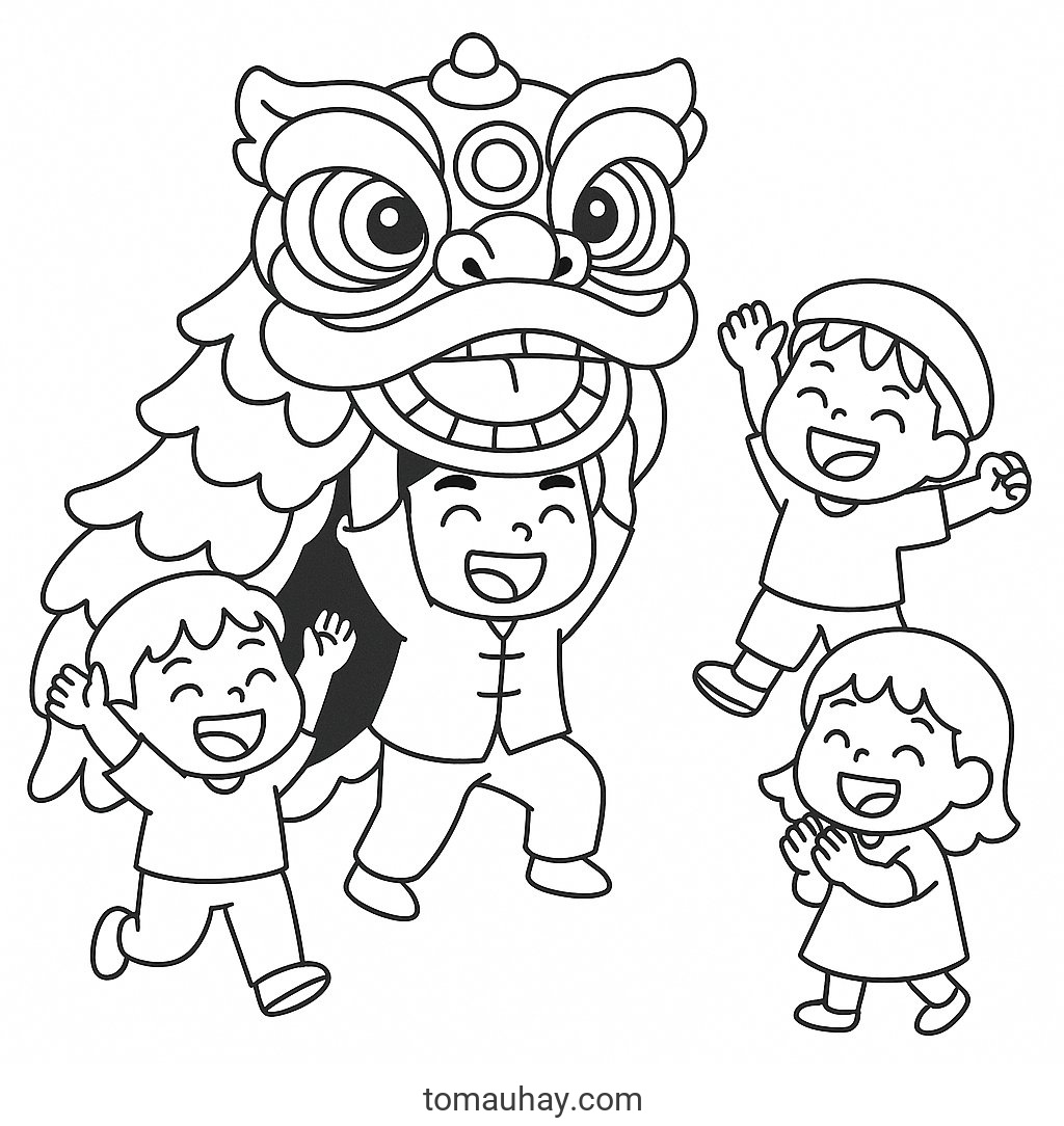 Tranh tô màu ngày Tết Nguyên Đán cho bé 2026 đẹp nhất - Tranh tô màu Đoàn múa lân