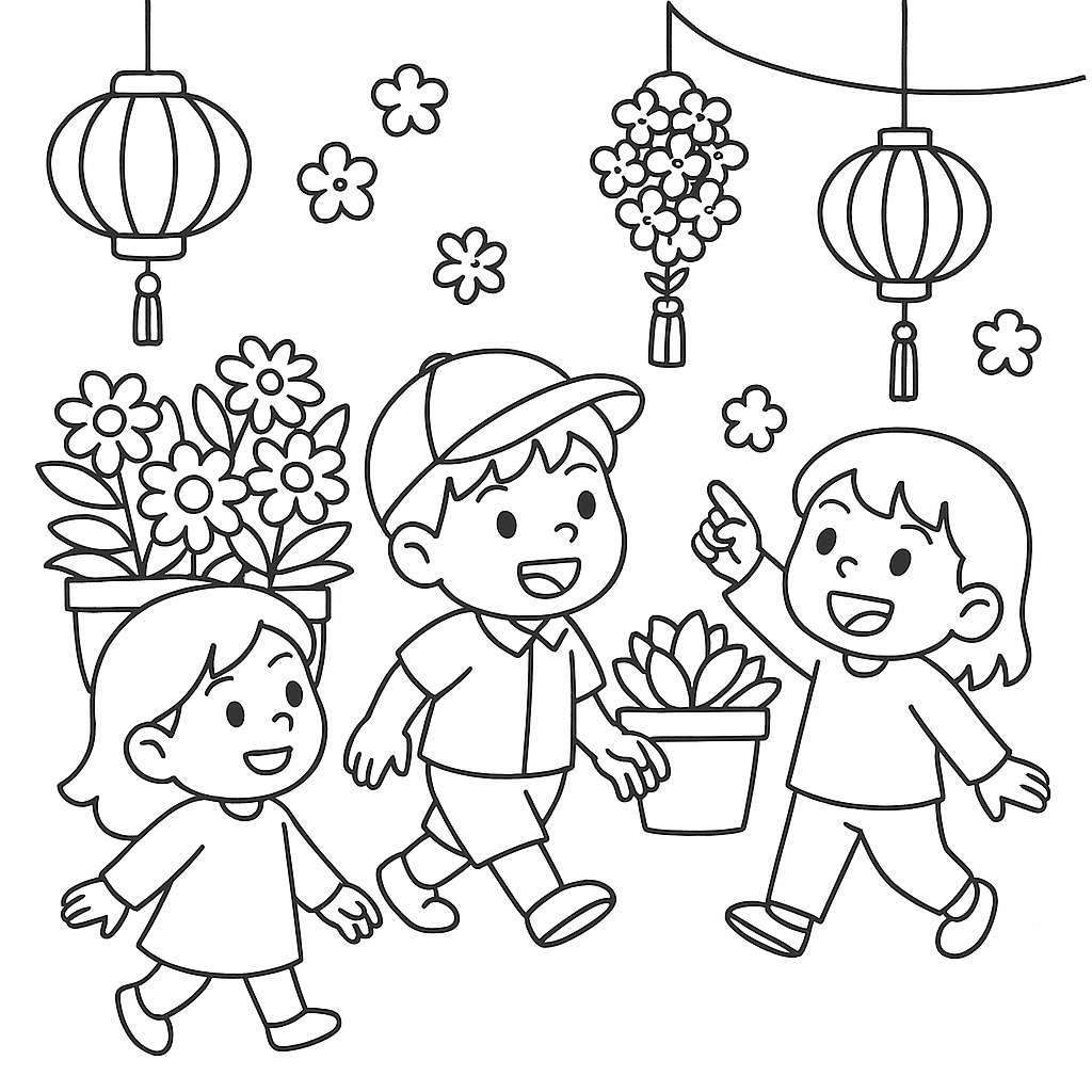 Tranh tô màu ngày Tết Nguyên Đán cho bé 2025 đẹp nhất