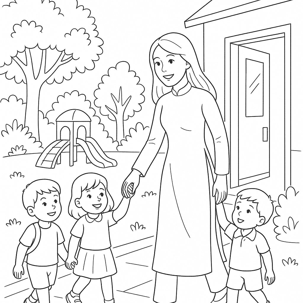 Cô giáo dắt tay trẻ vào lớp