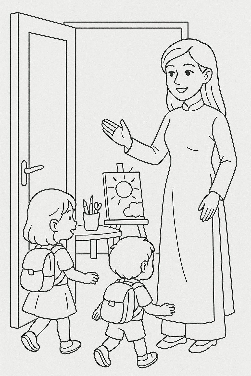 Cô giáo đón trẻ vào lớp học sáng tạo