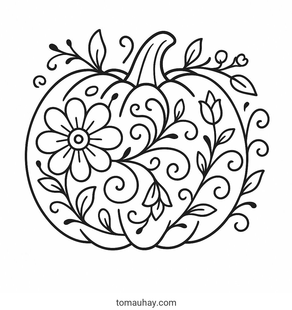 Tô màu bí ngô Halloween cho bé – Tranh tô màu 2026 - Bí ngô nở hoa