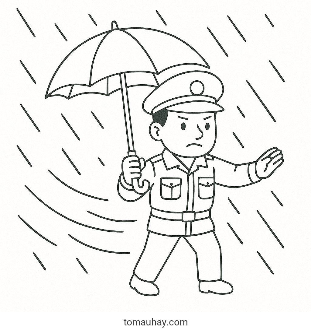 Tô màu chú cảnh sát giao thông cho bé – Tranh tô màu 2026 - Cảnh sát giao thông trong bão