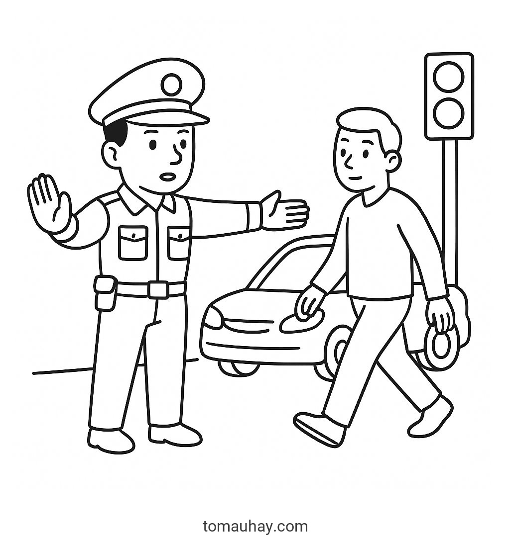 Tô màu chú cảnh sát giao thông cho bé – Tranh tô màu 2026 - Cảnh sát giao thông và người tham gia giao thông
