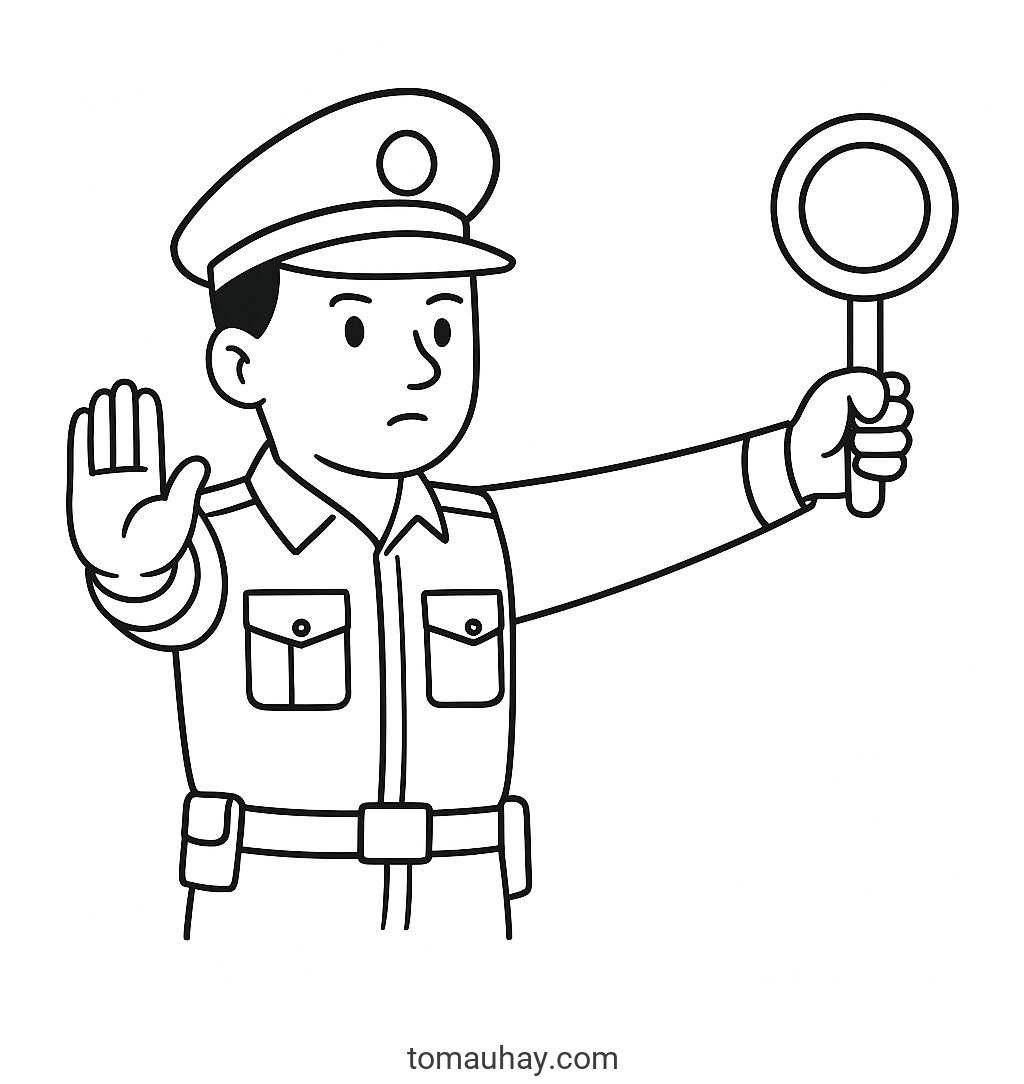 Tô màu chú cảnh sát giao thông cho bé – Tranh tô màu 2026 - Cảnh sát giao thông với dấu hiệu dừng