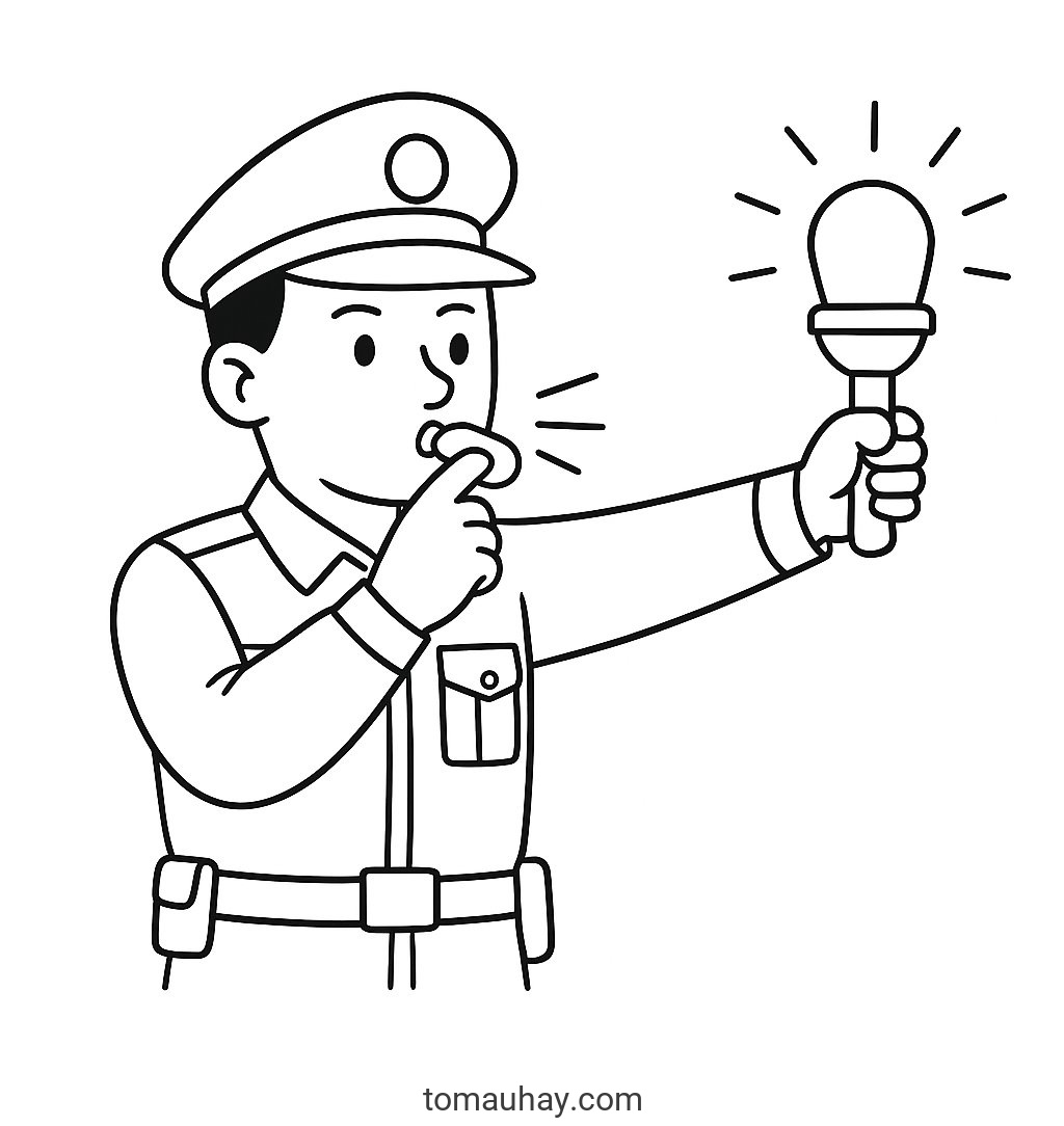 Tô màu chú cảnh sát giao thông cho bé – Tranh tô màu 2026 - Cảnh sát giao thông với đèn hiệu
