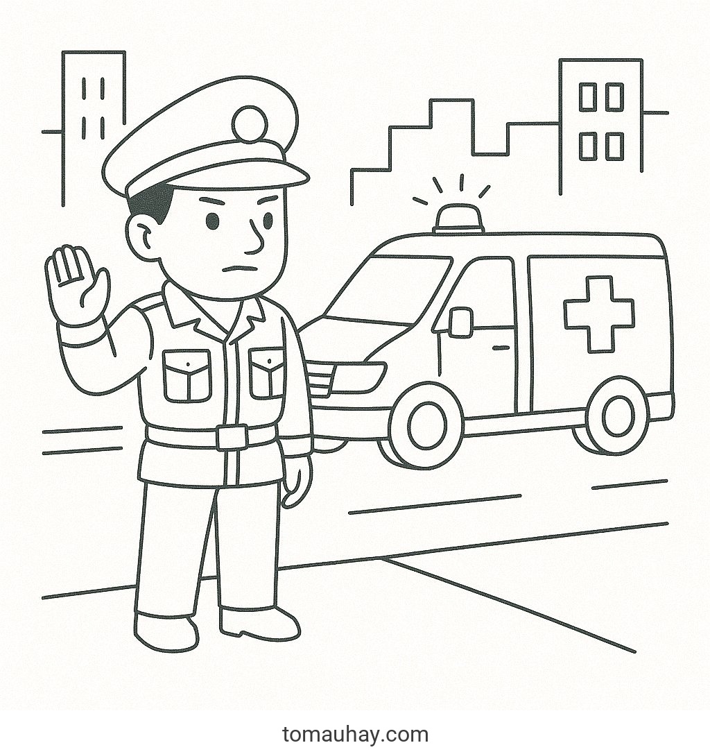 Tô màu chú cảnh sát giao thông cho bé – Tranh tô màu 2026 - Cảnh sát giao thông với xe cứu thương