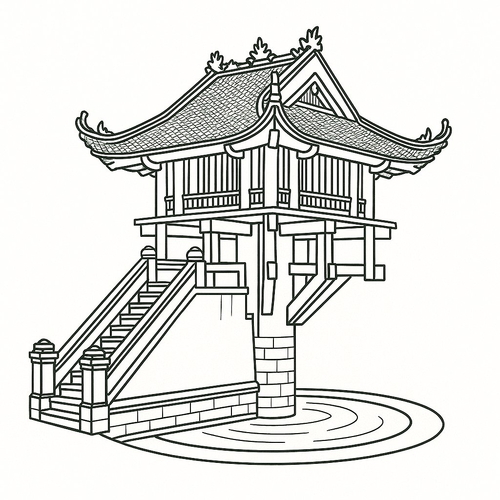 Tô màu chùa Một Cột cho bé 2025 – Tranh tô màu dễ thương