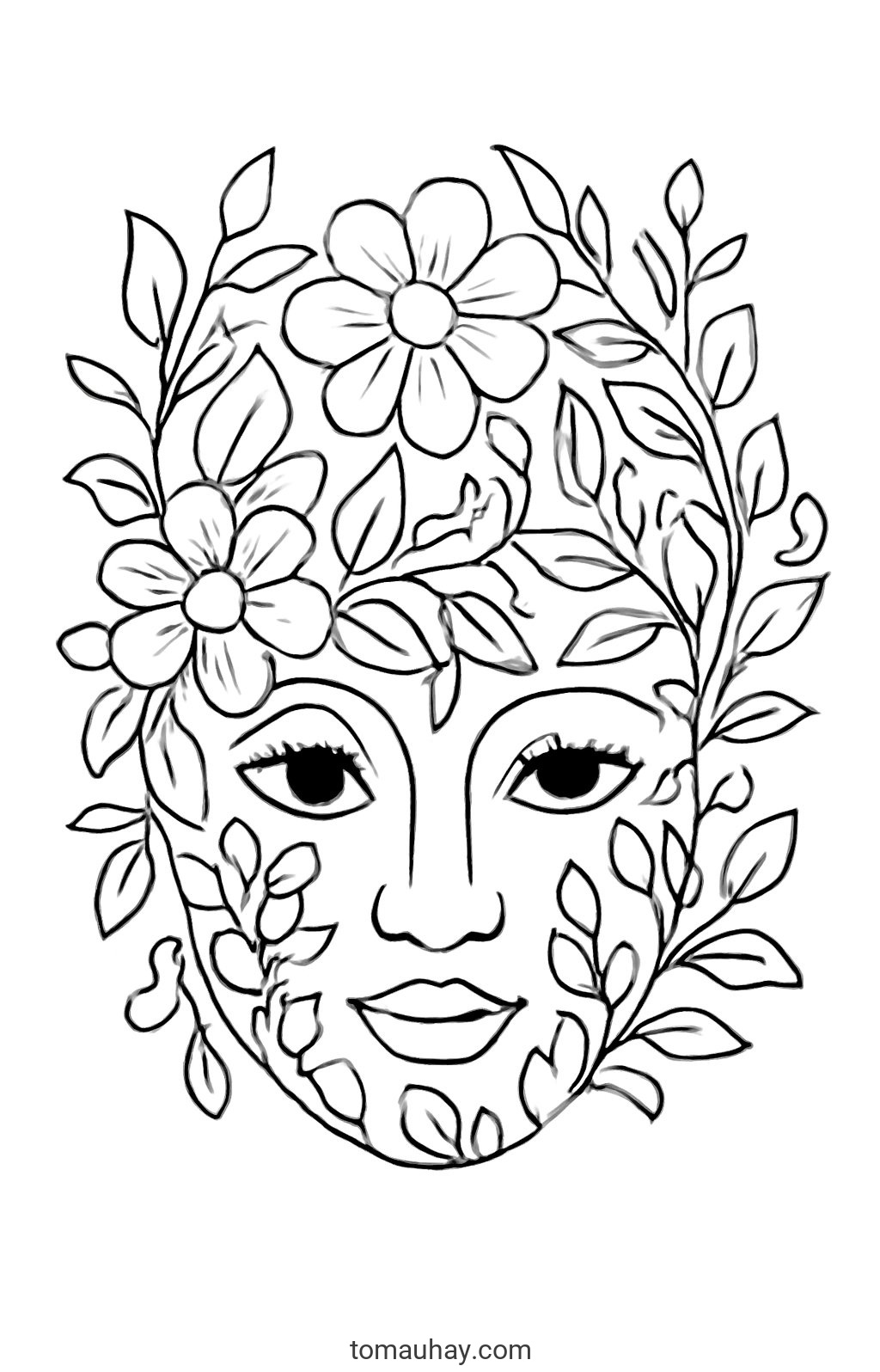 Tranh tô màu mặt nạ Trung Thu cho bé 2026 - Tải PDF - Họa tiết hoa lá