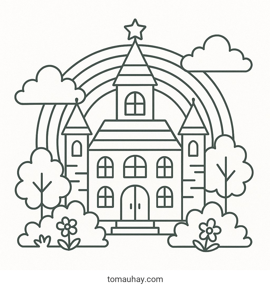 Tô màu ngôi trường cho bé 2026 - Hình tô màu đẹp - Ngôi trường fantasy