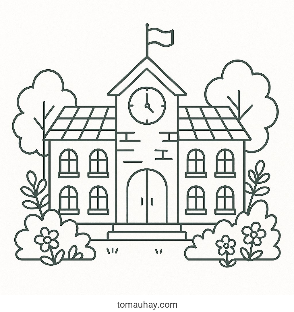 Tô màu ngôi trường cho bé 2026 - Hình tô màu đẹp - Ngôi trường thiên nhiên