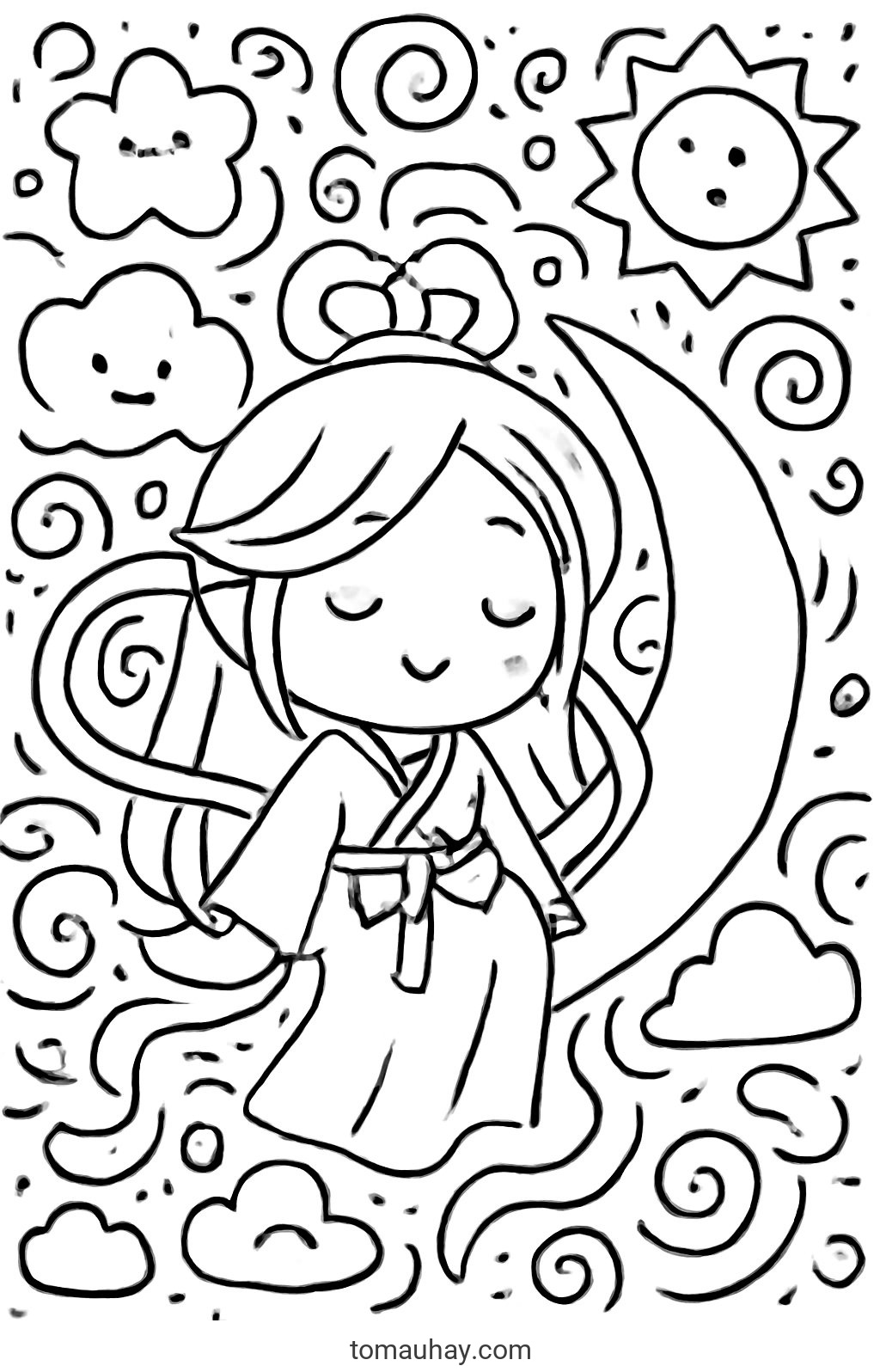 Tranh tô màu chị Hằng Nga cho bé PDF đẹp nhất 2026 - Phong cách Doodle