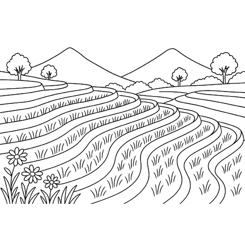 Tranh tô màu ruộng bậc thang cho bé đẹp và dễ tải 2025