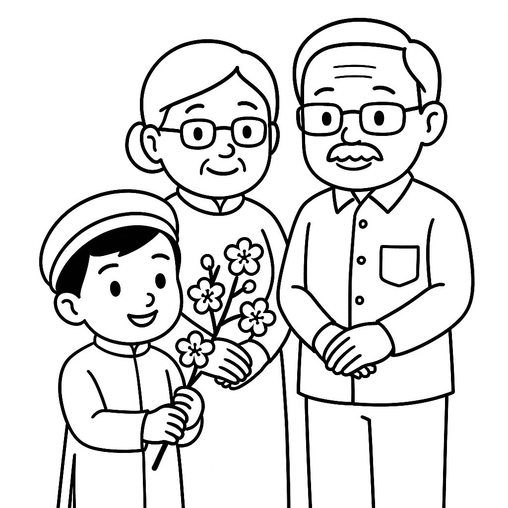 Bé chúc Tết cùng hoa mai