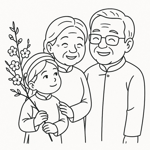 Tranh tô màu bé chúc Tết ông bà đẹp nhất 2025