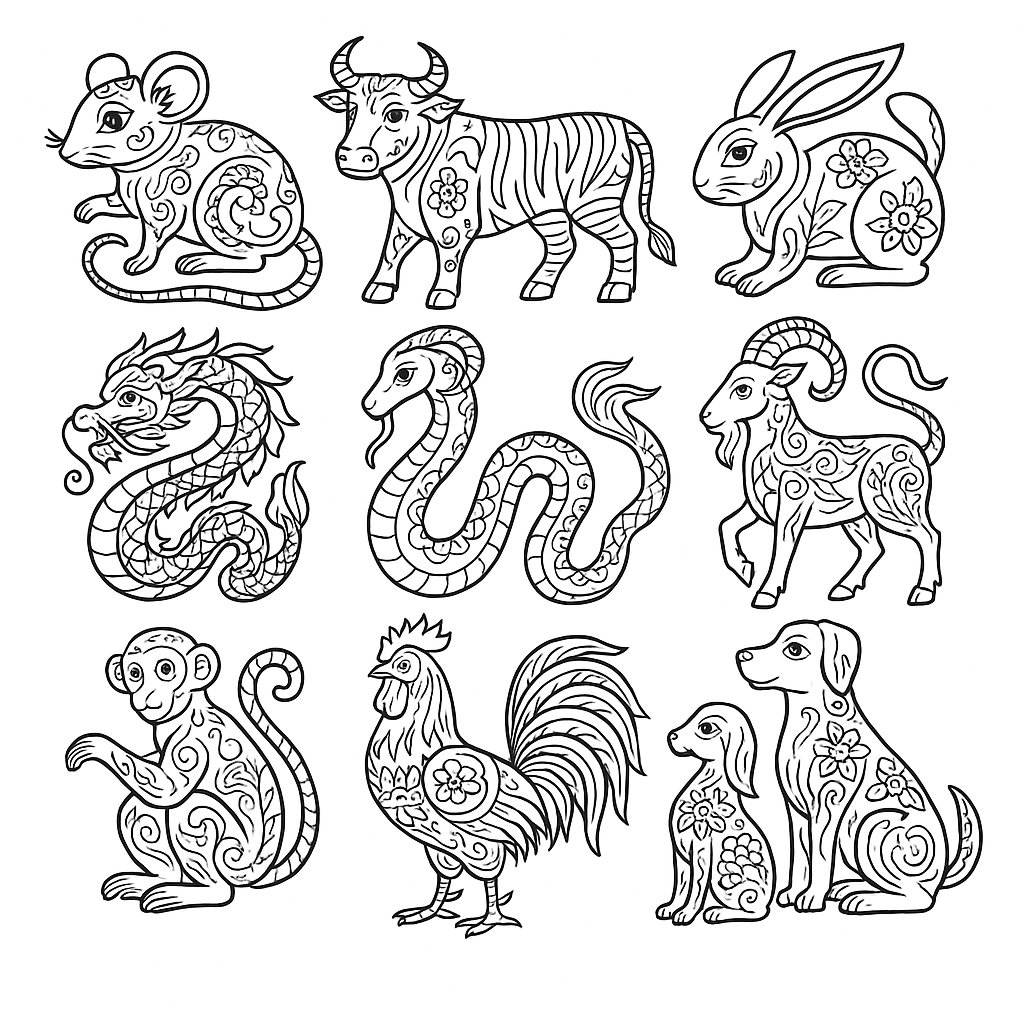 Tô màu 12 con giáp cổ điển