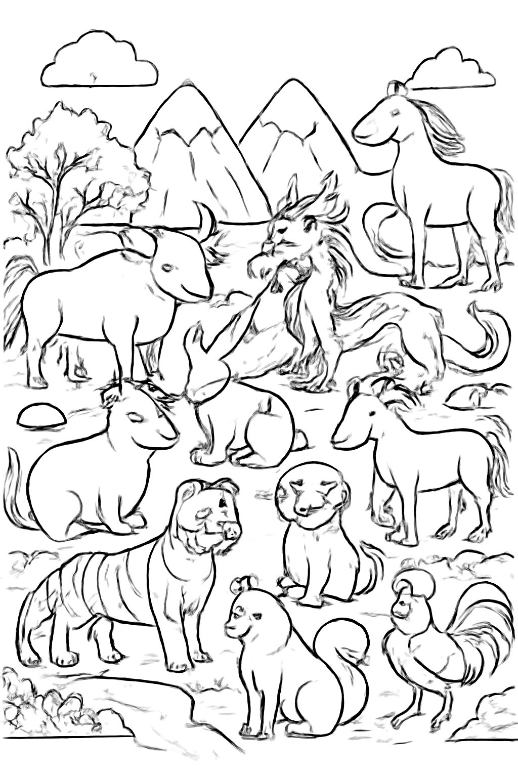 Tô màu 12 con giáp phong cảnh