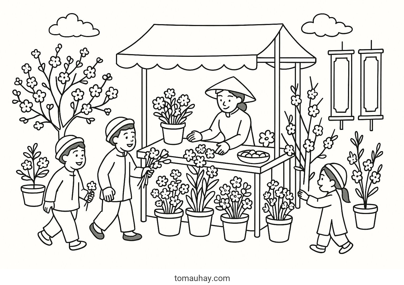 Tranh tô màu ngày Tết Nguyên Đán cho bé 2026 đẹp nhất - Tranh tô màu Chợ Tết