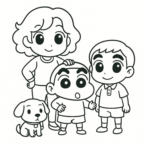 Tranh tô màu gia đình Shin cho bé 2025 – tải PDF miễn phí