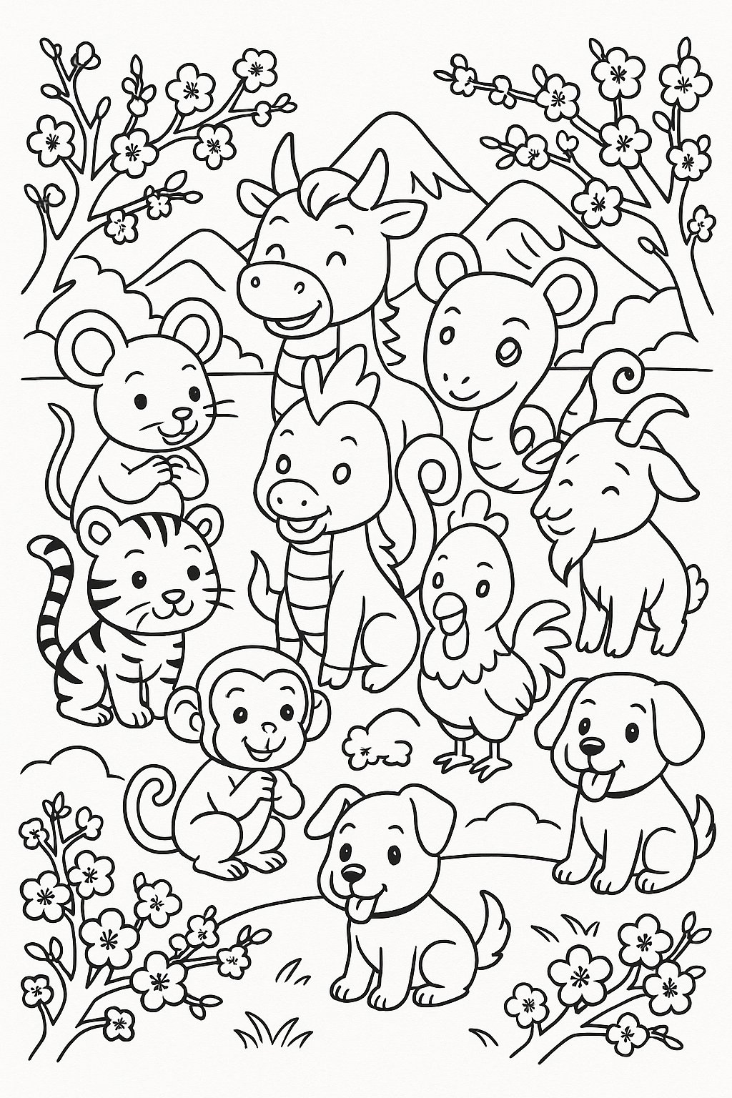 Tô màu 12 con giáp mùa xuân