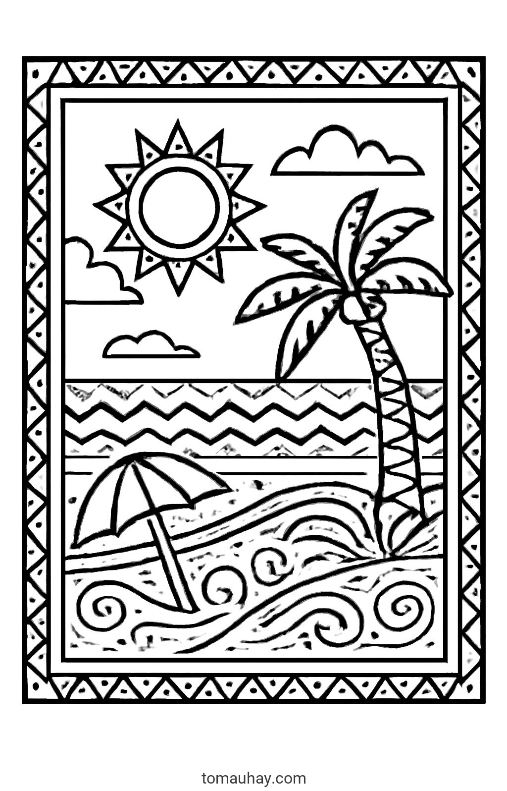 Tranh tô màu phong cảnh bãi biển cho bé 2026 đẹp - Phong cách dân gian