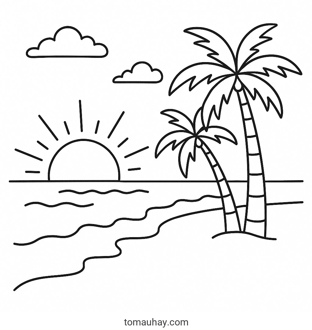 Tranh tô màu phong cảnh bãi biển cho bé 2026 đẹp - Truyền thống