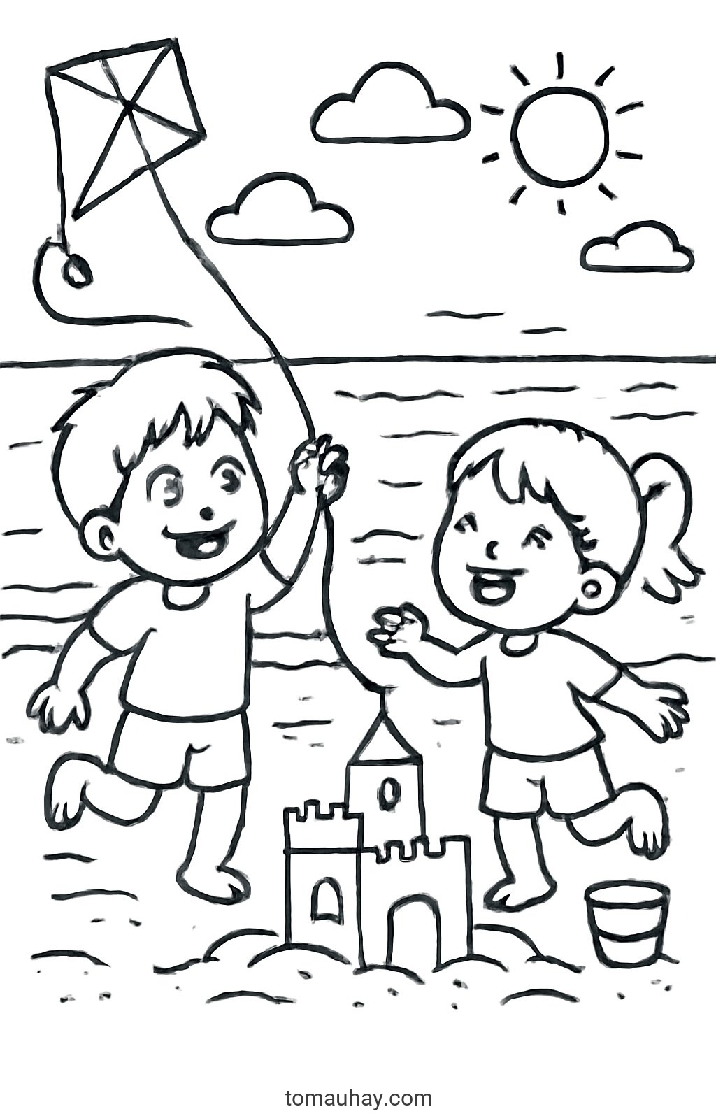 Tranh tô màu phong cảnh bãi biển cho bé 2026 đẹp - Vui nhộn sinh động