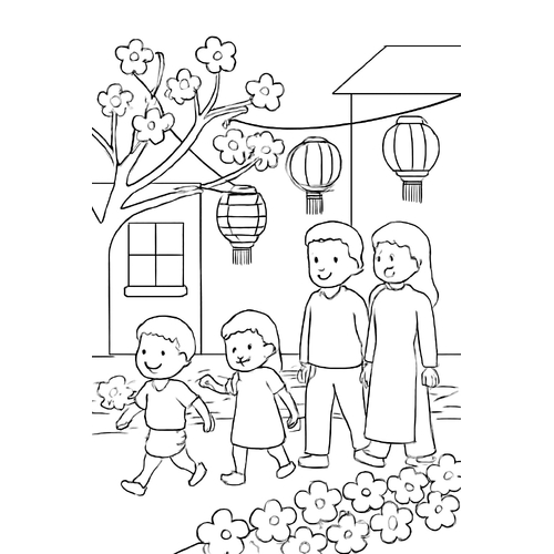 Tranh tô màu chủ đề Tết và mùa xuân 2025 – PDF cho bé