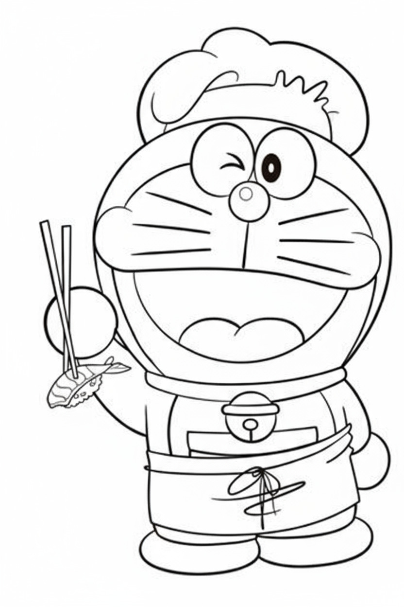 Doraemon cầm đũa chuẩn bị ăn cơm