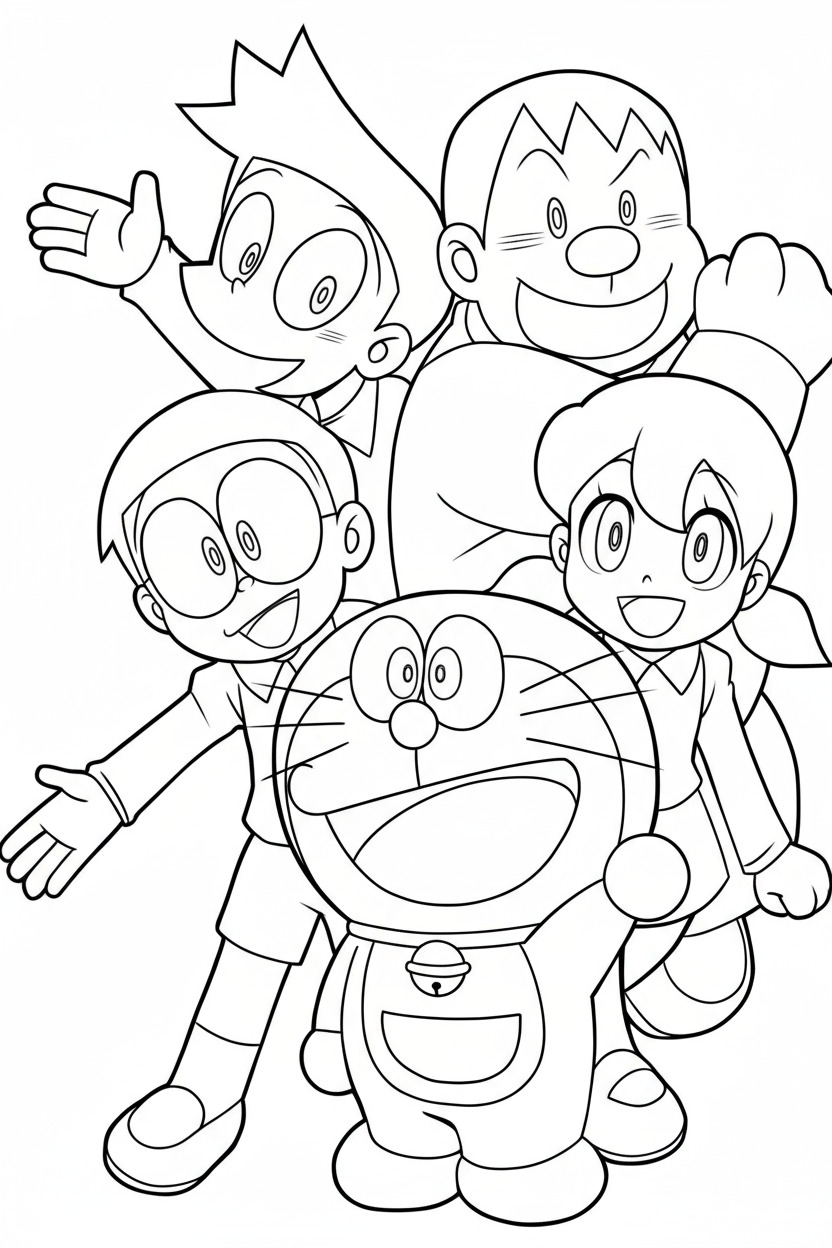 Nhóm bạn Doraemon tạo dáng