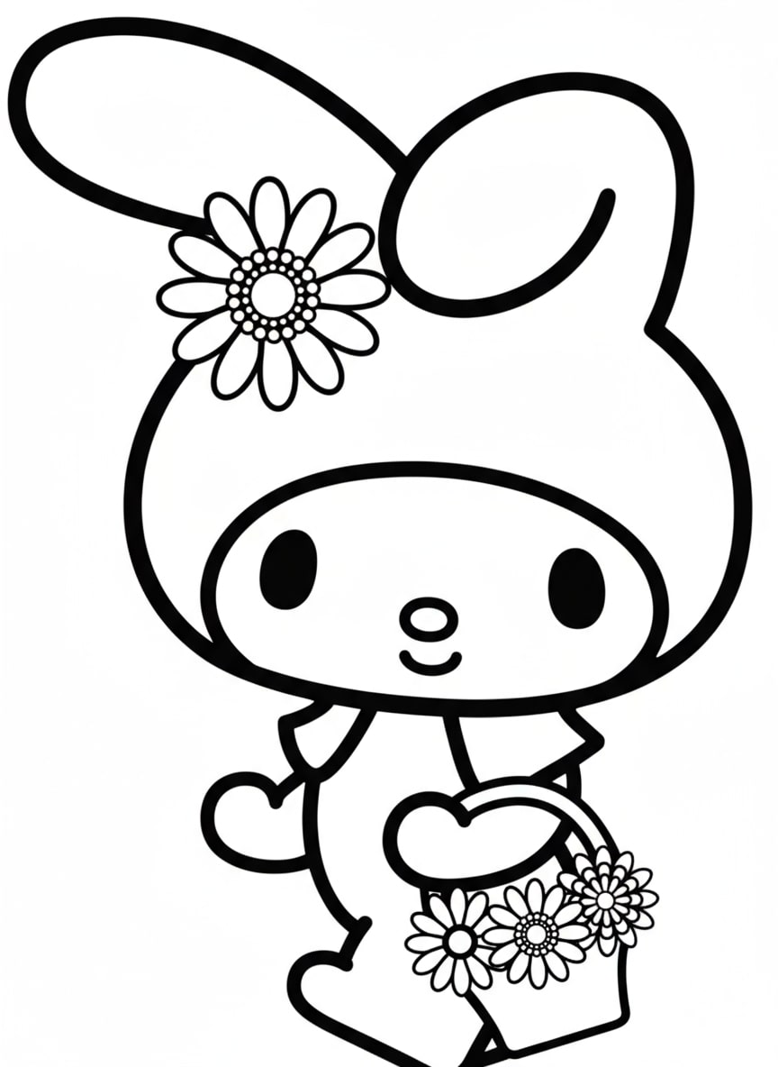 My Melody cầm giỏ hoa tươi