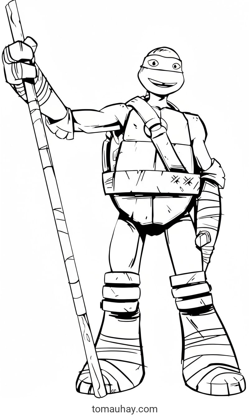 Tô Màu Ninja Rùa – Bộ Tranh Siêu Anh Hùng Vui Nhộn Cho Bé Trai - Ninja Rùa với gậy dài trên tay