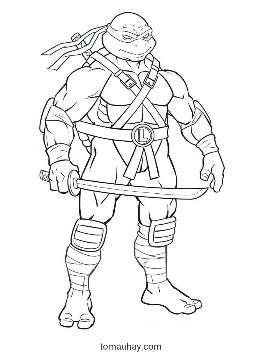 Tô Màu Ninja Rùa – Bộ Tranh Siêu Anh Hùng Vui Nhộn Cho Bé Trai - Ninja Rùa cầm song sai đứng cảnh chiến đấu