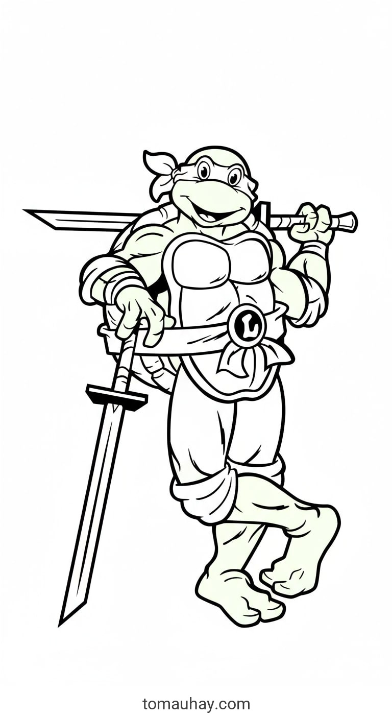 Tô Màu Ninja Rùa – Bộ Tranh Siêu Anh Hùng Vui Nhộn Cho Bé Trai - Ninja Rùa với đôi côn nhị khúc quen thuộc