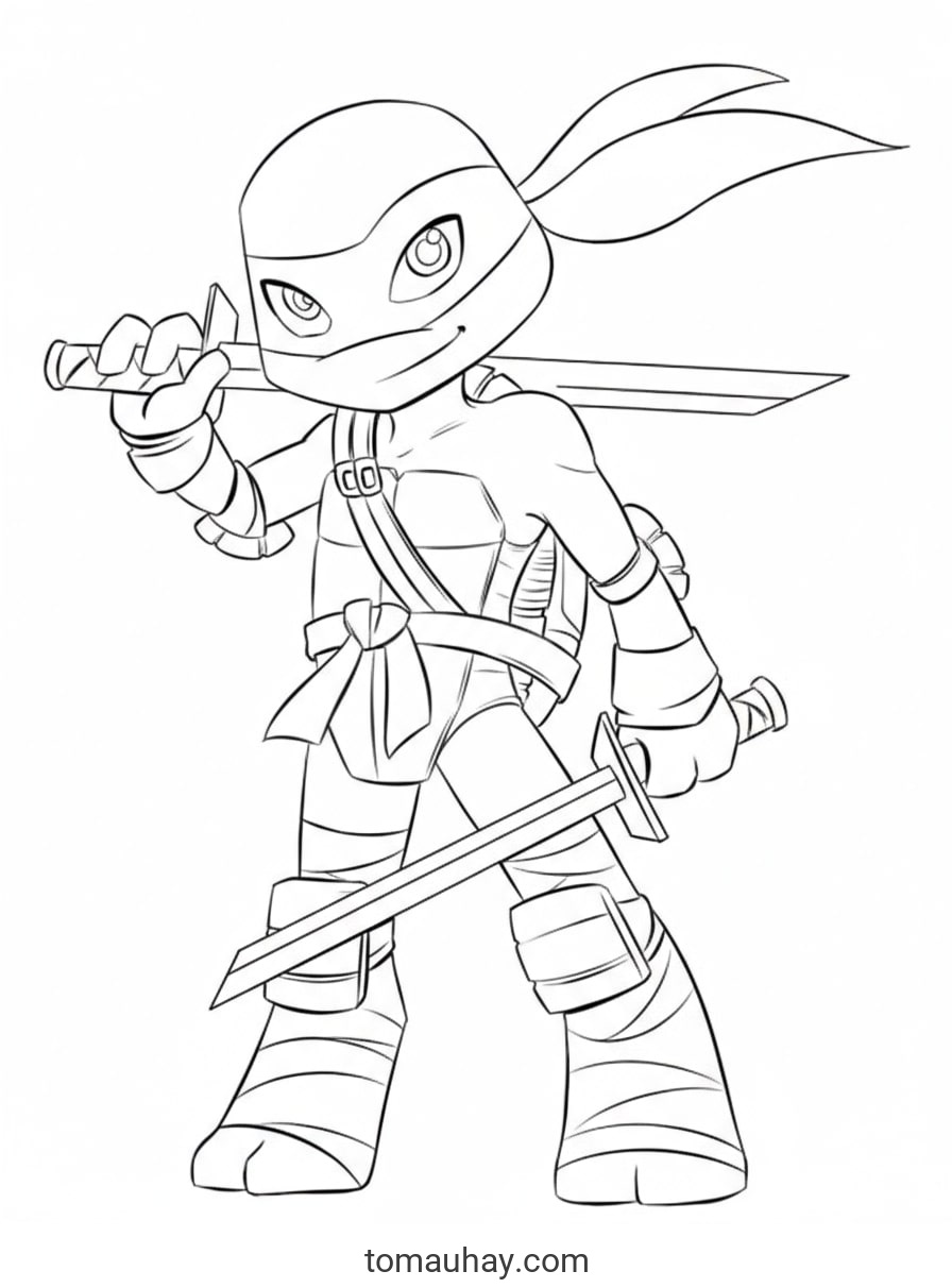 Tô Màu Ninja Rùa – Bộ Tranh Siêu Anh Hùng Vui Nhộn Cho Bé Trai - Ninja Rùa cầm song kiếm dũng mãnh