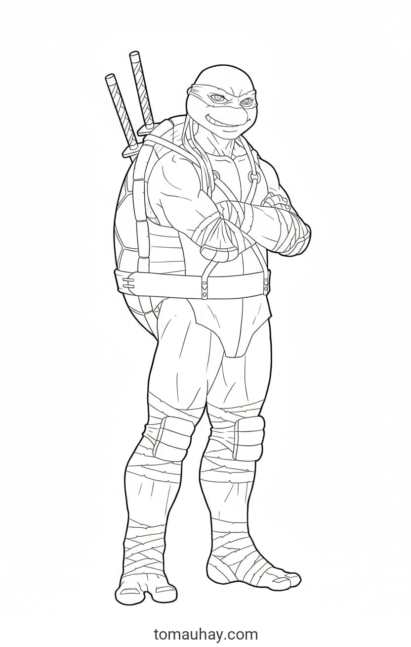Tô Màu Ninja Rùa – Bộ Tranh Siêu Anh Hùng Vui Nhộn Cho Bé Trai - Ninja Rùa đứng dáng oai phong cùng thanh kiếm đôi