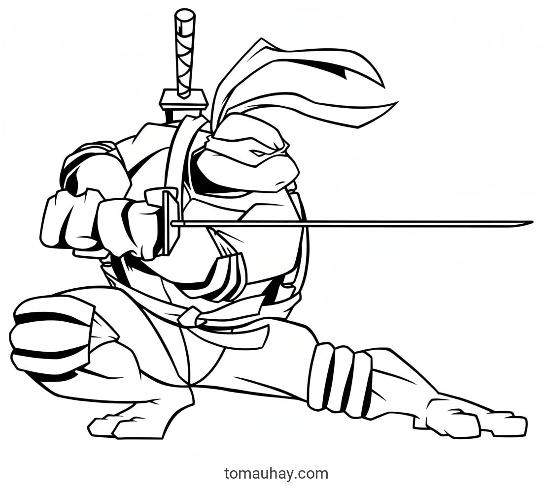 Tô Màu Ninja Rùa – Bộ Tranh Siêu Anh Hùng Vui Nhộn Cho Bé Trai - Ninja Rùa cầm gậy bo chuẩn bị chiến đấu