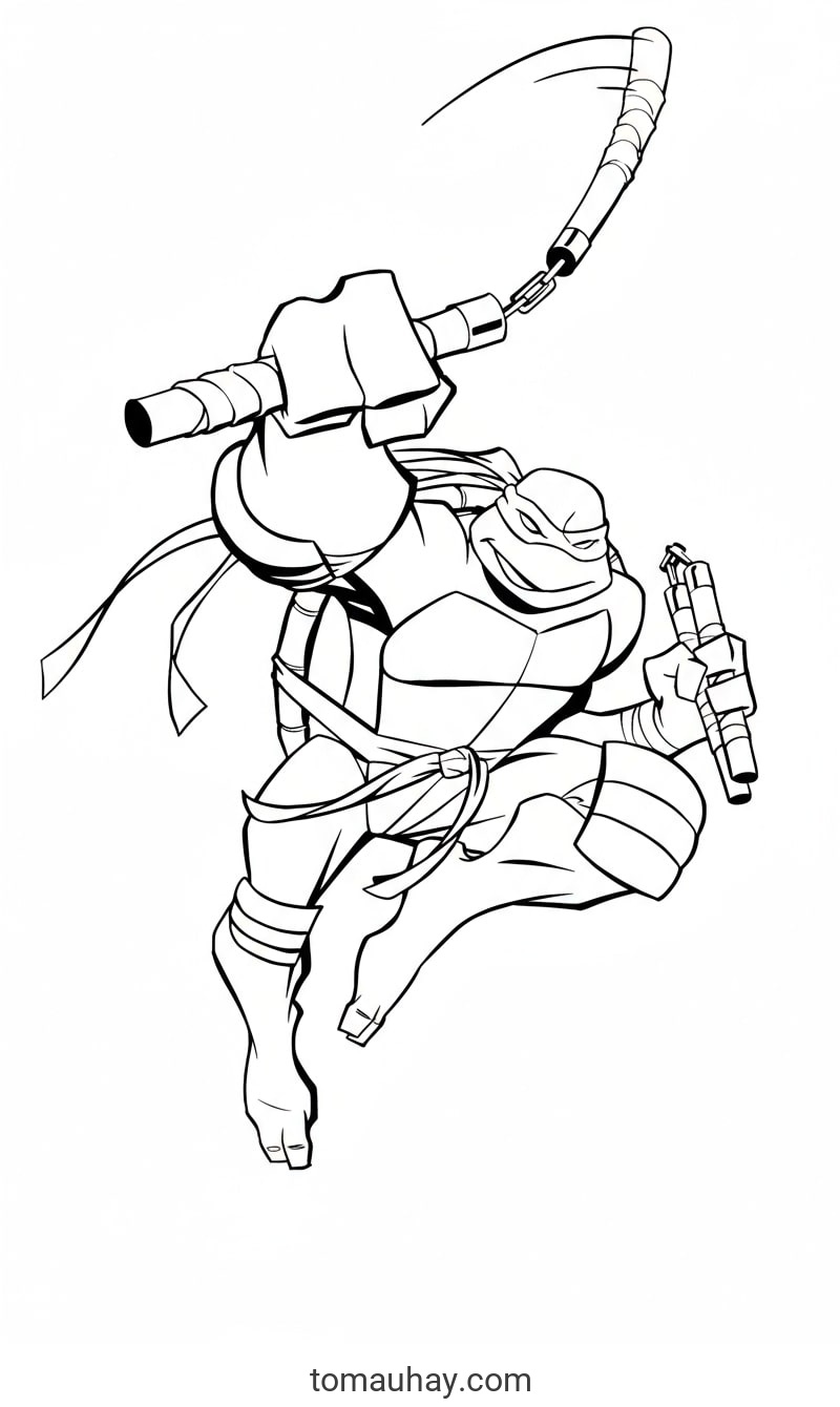 Tô Màu Ninja Rùa – Bộ Tranh Siêu Anh Hùng Vui Nhộn Cho Bé Trai - Ninja Rùa bay người tung kiếm tấn công