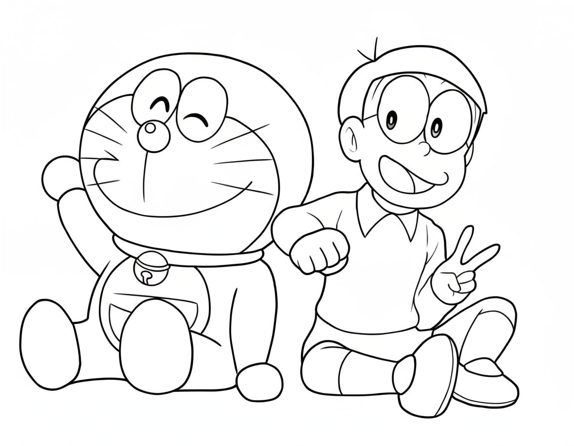 Nobita ngồi cạnh Doraemon cùng cười