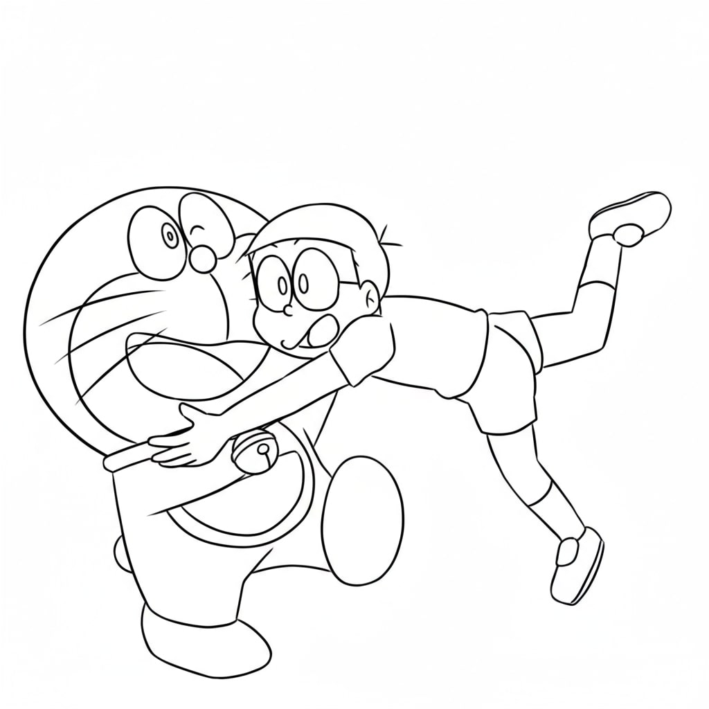 Nobita hốt hoảng ôm Doraemon