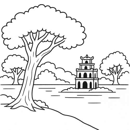 Tranh vẽ Hồ Gươm chưa tô màu cho bé – Tải PDF 2025