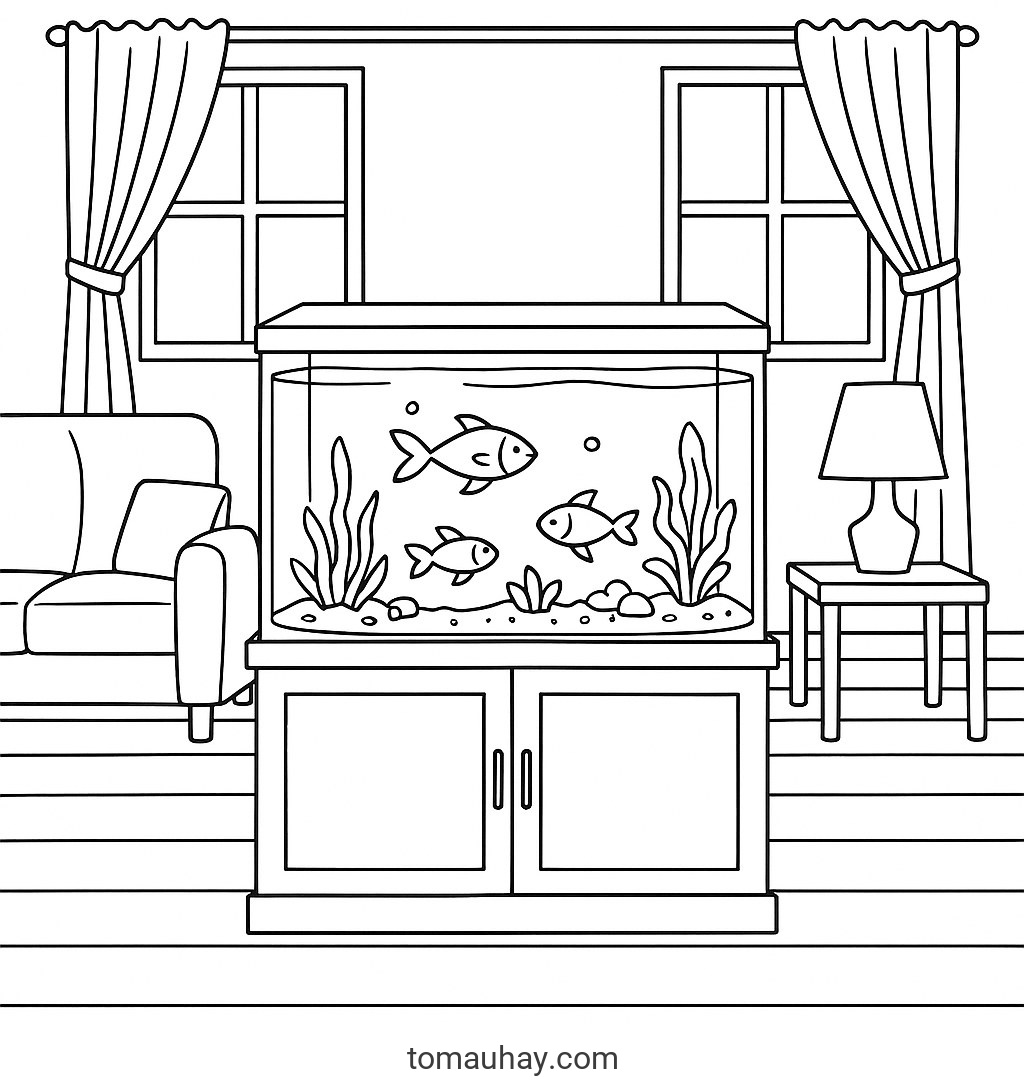 Tranh tô màu bể cá cho bé 2026 – Hình tô màu đẹp dễ tải - Bể cá trong phòng khách