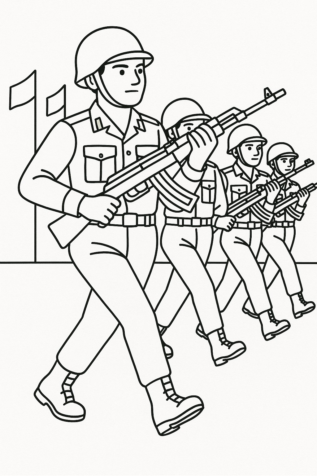 Tranh tô màu chú bộ đội cầm súng cho bé yêu nước 2025