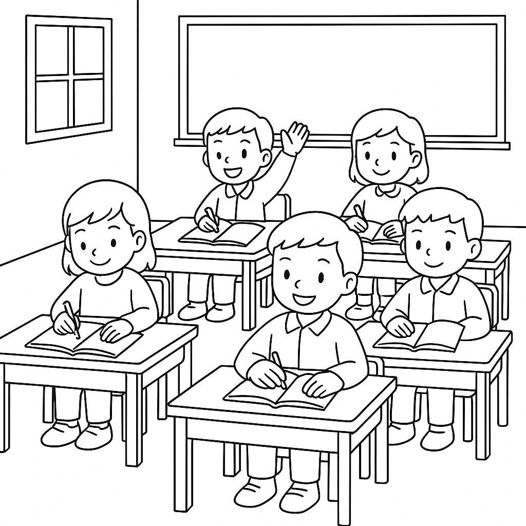 Học sinh tô màu lớp học