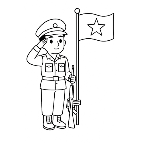 Tranh tô màu chú bộ đội cầm súng cho bé yêu nước 2025