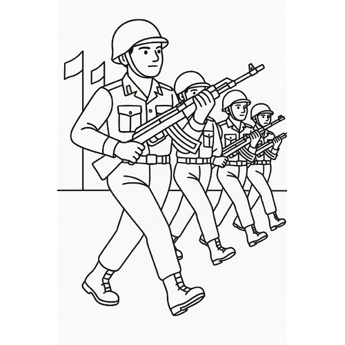 Tranh tô màu chú bộ đội cầm súng cho bé yêu nước 2025