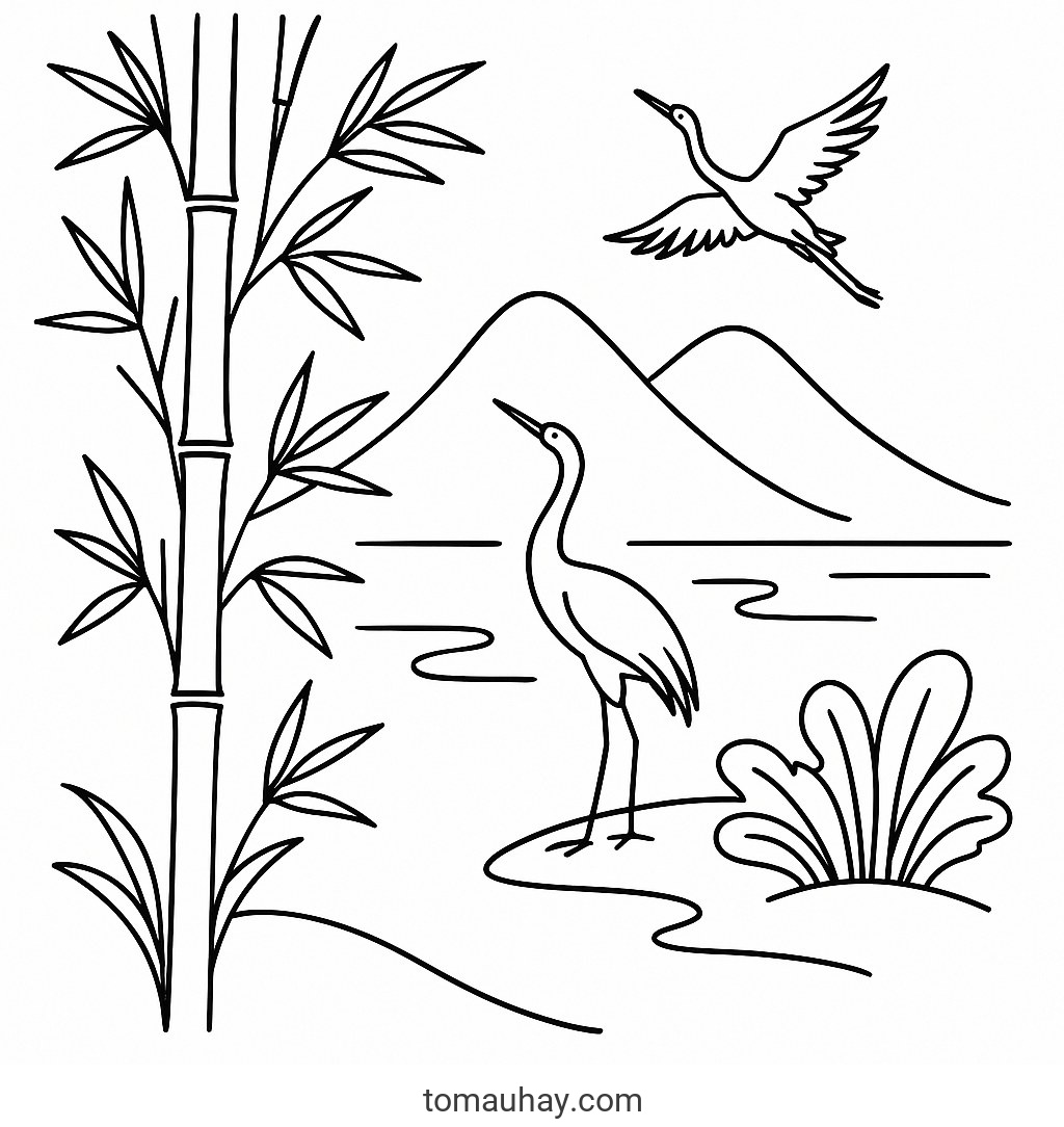 Tranh tô màu cây tre cho bé đẹp nhất 2026 dễ tải - Tranh tô màu cổ điển Trung Hoa