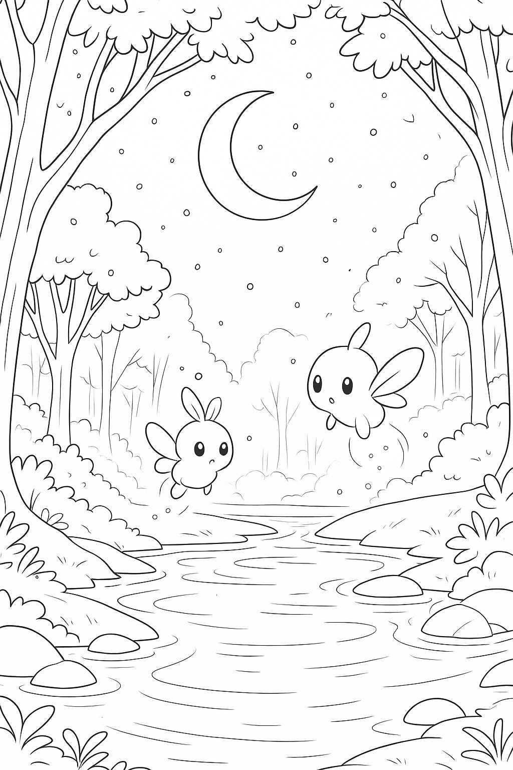 Tranh tô màu khu rừng phép thuật ban đêm