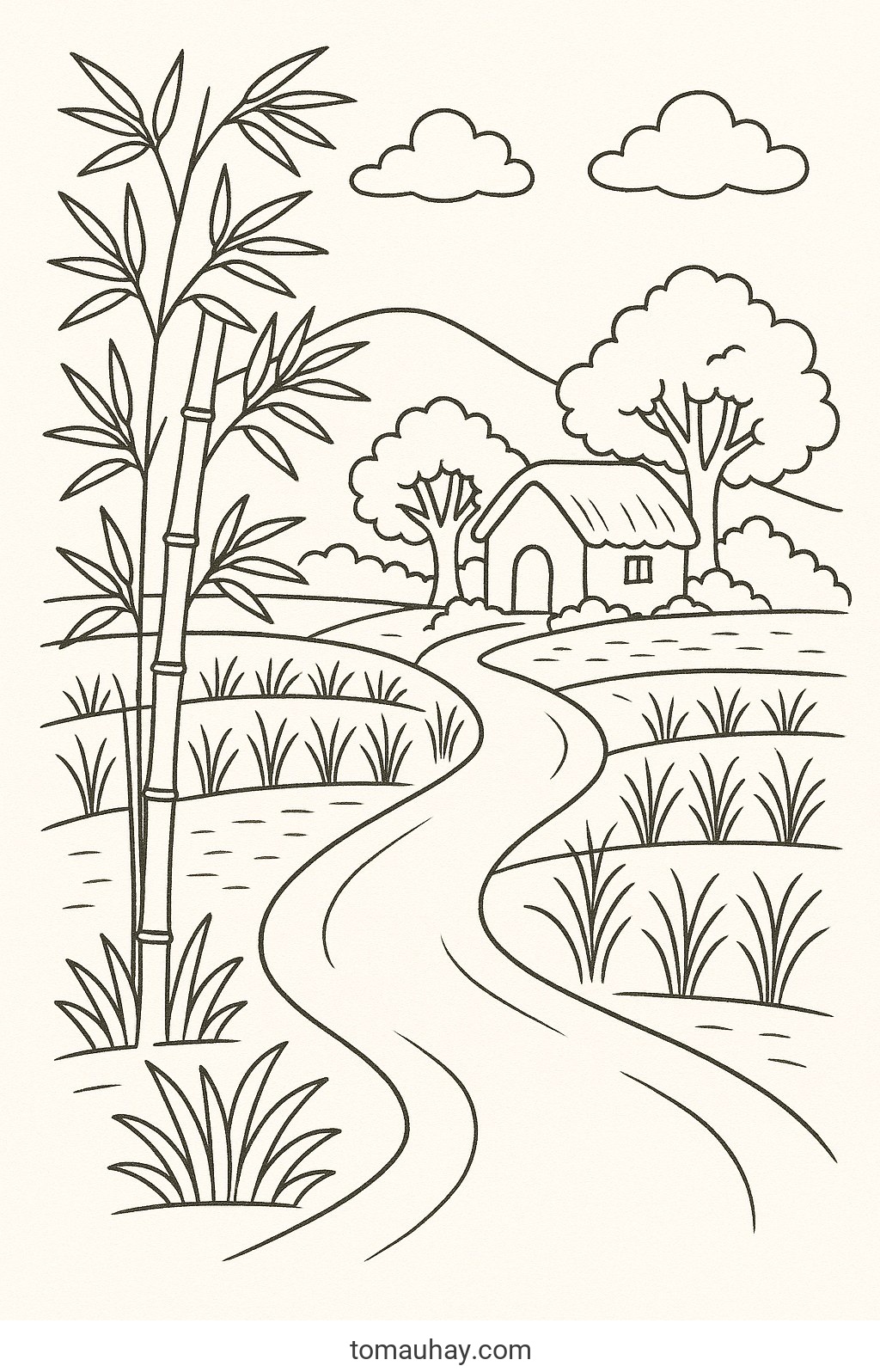 Tranh tô màu cây tre cho bé đẹp nhất 2026 dễ tải - Tranh tô màu phong cảnh làng quê